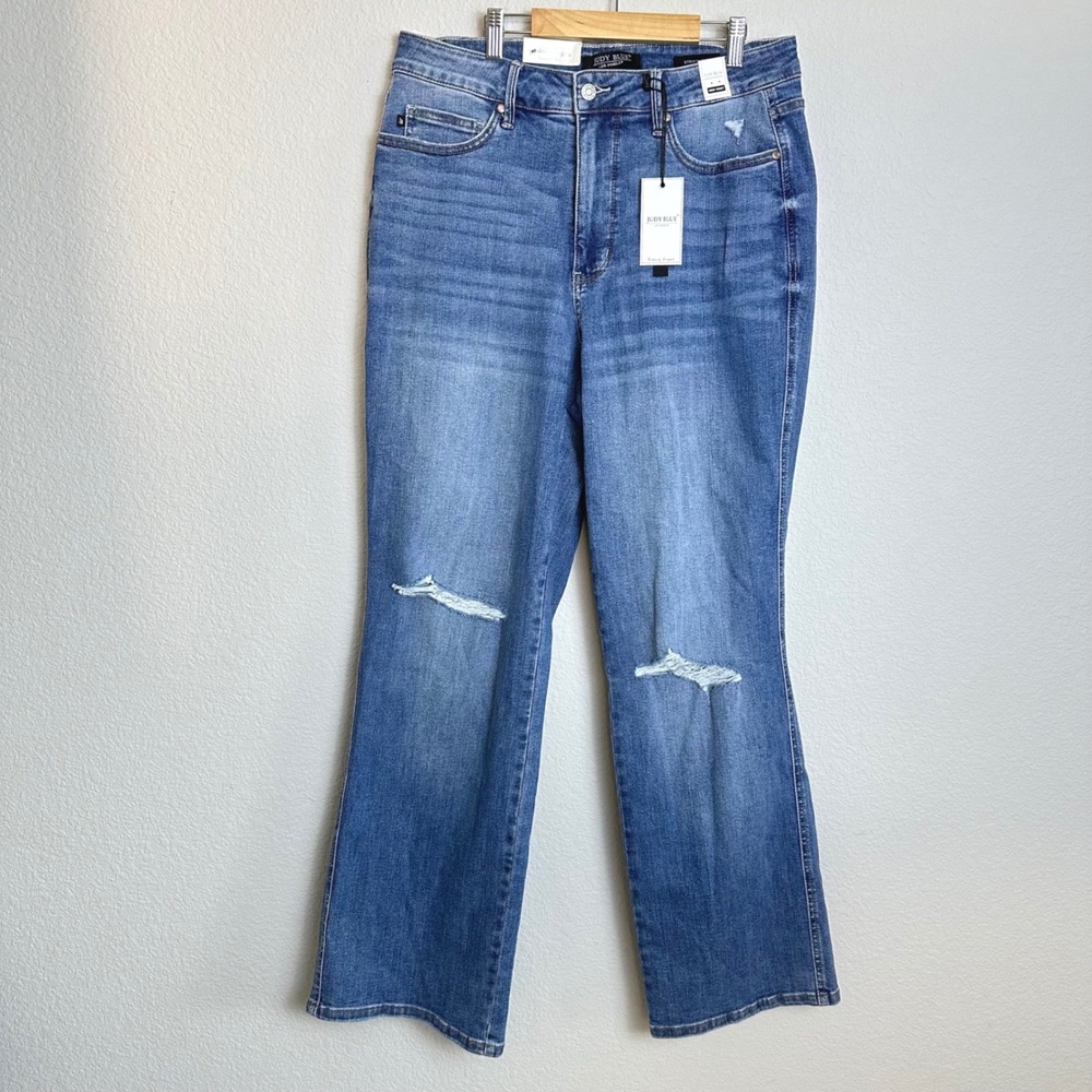 Judy Blue High Waist Straight Fit Distressed Jeans Med Blue JB88785 16W NEW